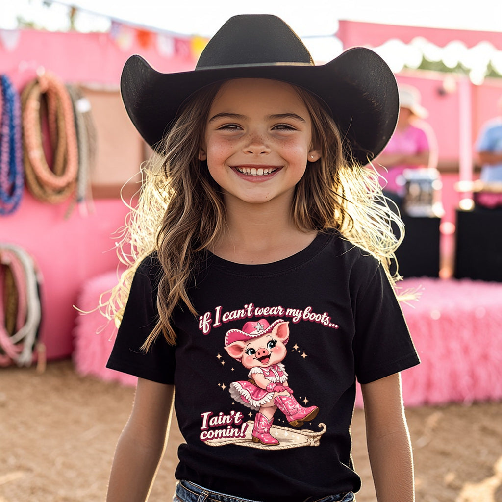 If I Cant Wear My Boots It Aint Comin Tee, Cute Cowgirl Graphic Tee for Kids, Pink Pig Rodeo Shirt, Country Girl Top
