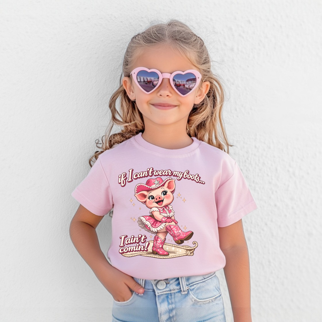 If I Cant Wear My Boots It Aint Comin Tee, Cute Cowgirl Graphic Tee for Kids, Pink Pig Rodeo Shirt, Country Girl Top