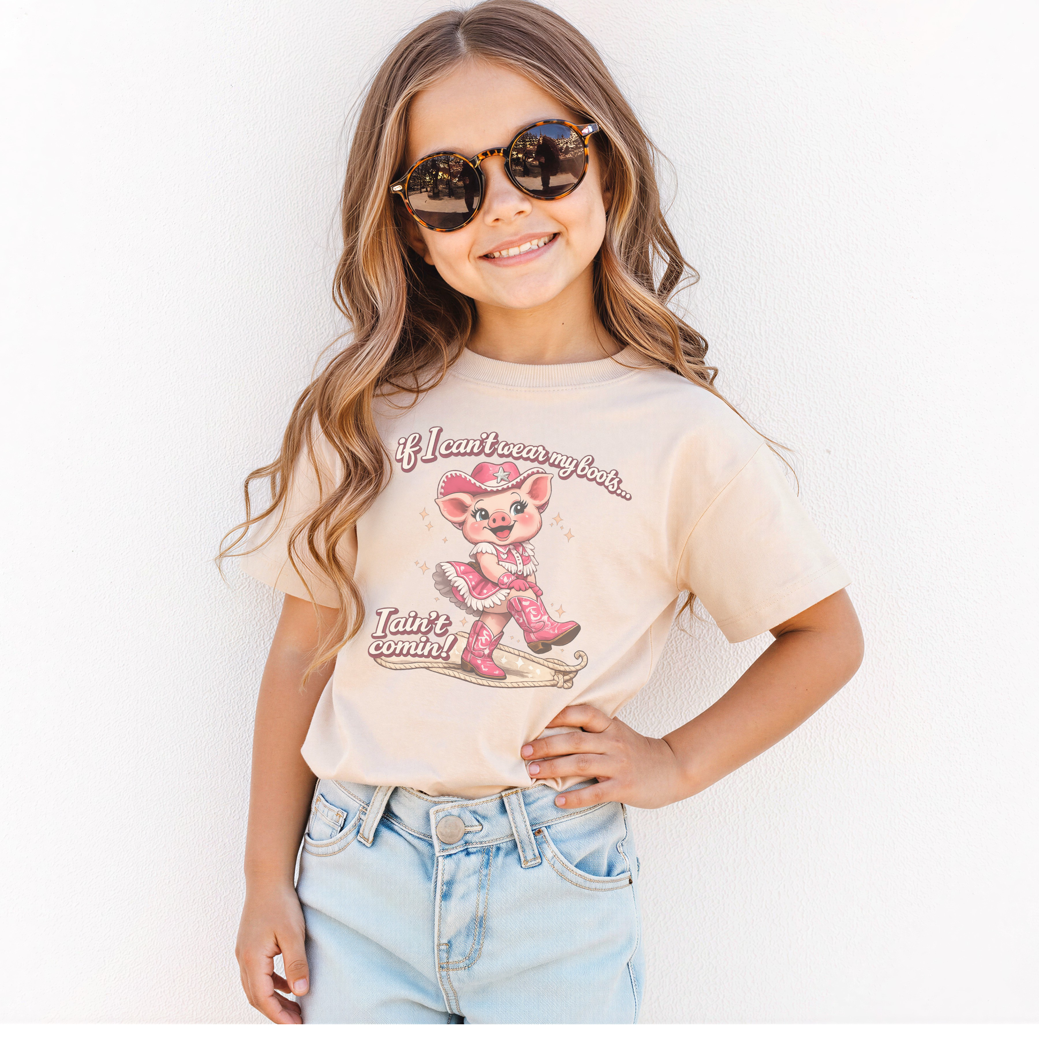 If I Cant Wear My Boots It Aint Comin Tee, Cute Cowgirl Graphic Tee for Kids, Pink Pig Rodeo Shirt, Country Girl Top